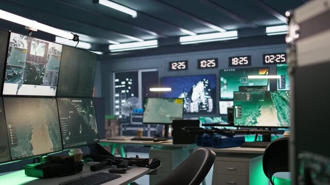 Cutting edge gear in army command center housing operational missile defense system. Armed forces headquarters used for tracking enemy aircraft entering airspace borders using radar systems