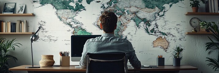 Digital Nomad's Minimalist Workspace Exploring Global Travel Destinations Through Remote Work in 3D World Map Backdrop