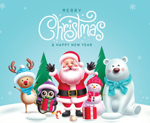 Christmas greeting card vector design. Merry christmas greeting text with friendly santa claus, cute polar bear, penguin, snowman and reindeer characters in snow winter blue background. Vector 