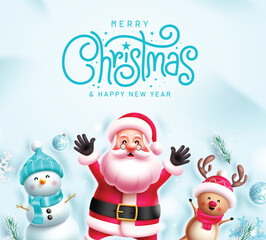 Christmas greeting card vector design. Merry christmas greeting text with waving santa claus, cute snowman and reindeer characters in cold snow winter background. Vector illustration seasonal 