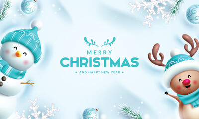 Merry christmas greeting vector banner design. Christmas greeting text in snow winter background with cute snowman, happy reindeer characters and xmas elements. Vector illustration holiday season card © Zeinous
