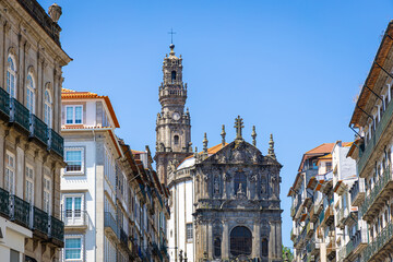 View of Torre dos Clerigos in Porto, a coastal city in northwest Portugal known for its stately bridges and port wine production