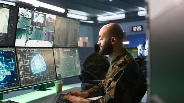 Army specialist employing AI tech to improve military warfare systems and threat monitoring. IT admin uses neural networks to enhance combat operational capabilities, camera B