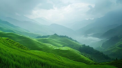 Obraz premium Minimalist Landscape Photography of Green Terraces and Hazy Mountains in the Distance, Captured in a Wide Angle for a Serene and Spacious Aesthetic