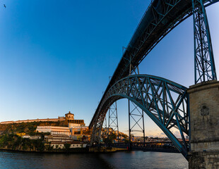 View of Luis I Bridge in Porto, a coastal city in northwest Portugal known for its stately bridges and port wine production