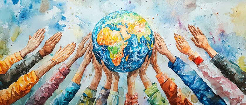 Unity in Diversity Global Humanitarian Efforts Watercolor Artwork for World Humanitarian Day