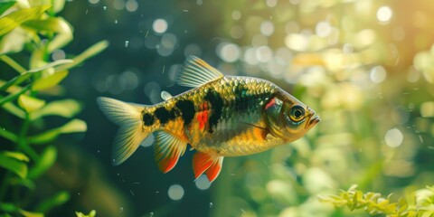 Naklejka premium Green Tiger Barb Freshwater Fish Puntigrus Tetrazona