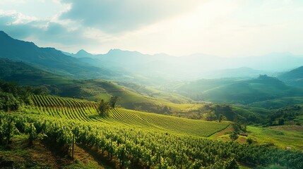  Minimalist Landscape Photography of Green Terraces and Hazy Mountains in the Distance, Captured in a Wide Angle for a Serene and Spacious Aesthetic