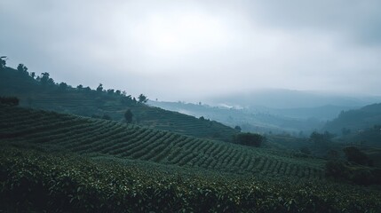 Fototapeta premium Minimalist Landscape Photography of Green Terraces and Hazy Mountains in the Distance, Captured in a Wide Angle for a Serene and Spacious Aesthetic