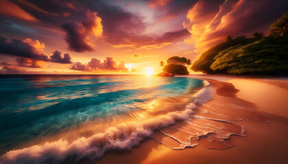 A breathtaking sunset over a tropical beach with gentle waves lapping at the sandy shore.