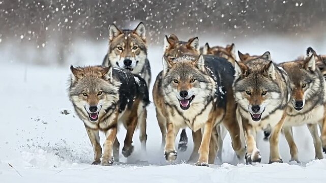 Pack of wolves running through snowy landscape in winter
