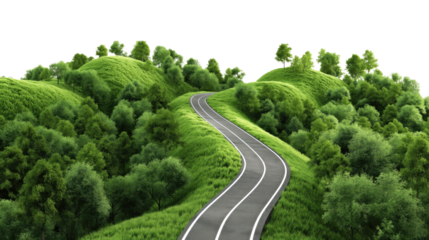 Road in the green mountains forest isolated on transparent white background, clipping path