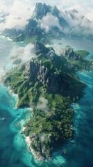 Aerial View of Lush Tropical Island with Mountains.