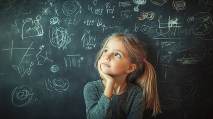 A thoughtful girl looks up while pondering ideas. Chalkboard filled with drawings and equations captures her curious mind.