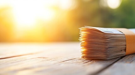 A close-up of a bundled stack of papers on a wooden surface with a warm sunlight glow in the background, highlighting texture and detail.