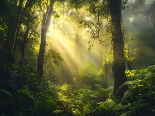 Obraz premium Stunning Rainforest Landscape with Towering Ancient Trees Vibrant Green Foliage and Soft Filtered Sunlight Filtering Through the Dense Canopy