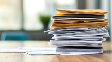 A cluttered stack of documents on a wooden table, reflecting the chaos of paperwork in a modern office environment.