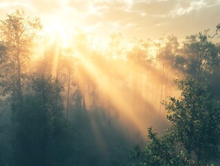 Fototapeta premium Majestic sunrise over a misty forest with rays of light dramatically piercing through the lush verdant trees A and ultra detailed 3D rendered landscape in