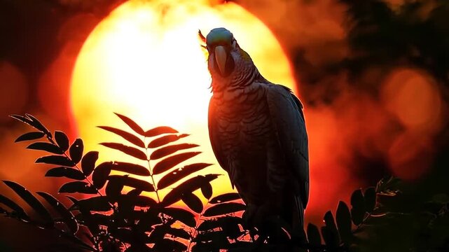 Parrot perched on branches at sunset capturing vibrant colors in the sky