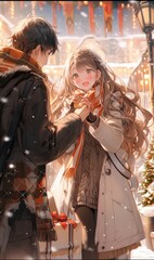 Obraz premium Romantic Snowy Christmas Night Proposal: Anime-Style Enchantment with a Gentleman Kneeling to Offer a Ring Amidst the Glittering Snowflakes and Festive Cheer.