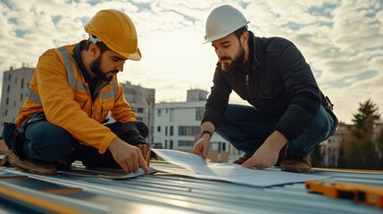 Building Inspection on Rooftop Construction Workers in Safety Gear Reviewing Blueprints and Measuring Metal Sheet Ceiling Height