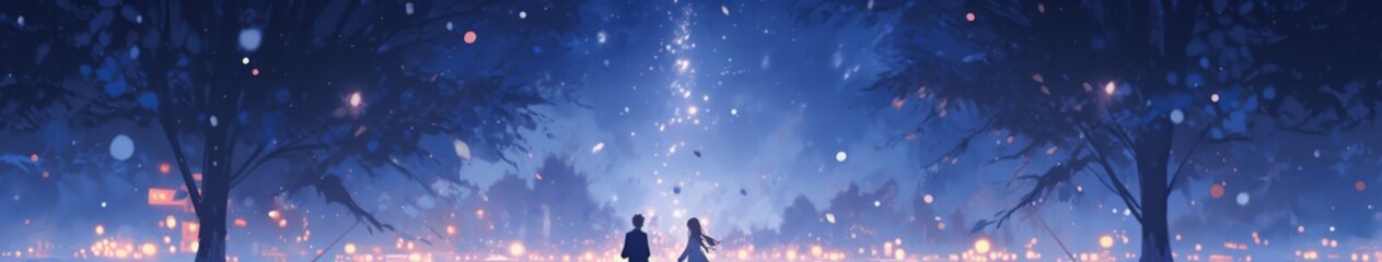 Fototapeta premium Romantic Snowy Christmas Night Proposal: Anime-Style Enchantment with a Gentleman Kneeling to Offer a Ring Amidst the Glittering Snowflakes and Festive Cheer.