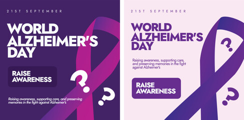 World Alzheimer's Day. 21st September Alzheimer's day awareness banners, posts template with purple ribbon, question mark. Theme for 2024 is Time to act on dementia, Time to act on Alzheimer's.