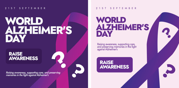 World Alzheimer's Day. 21st September Alzheimer's day awareness banners, posts template with purple ribbon, question mark. Theme for 2024 is Time to act on dementia, Time to act on Alzheimer's. 