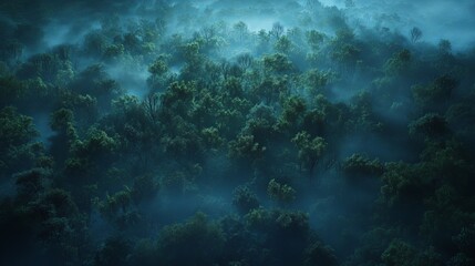 Fototapeta premium Mysterious Aerial Night Photography of a Lush Forest Shrouded in Mist