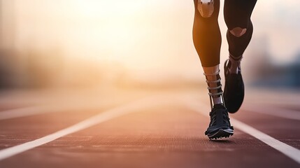 A determined athlete with a prosthetic leg runs on a track, showcasing strength, resilience, and the spirit of competition.