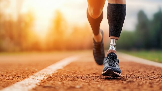 A determined runner with a prosthetic leg races confidently down a track during a vibrant sunset, showcasing resilience and strength.