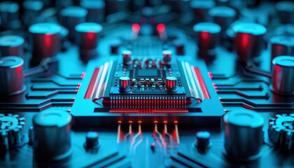 Close-up of a futuristic microchip surrounded by glowing electronic components, showcasing advanced technology and innovation.