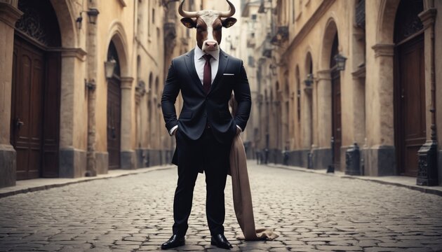 A bullish businessman walks down a cobblestone street