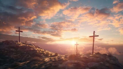 Obraz premium A silhouette of three crosses standing on a hilltop against a dramatic sunset sky, with the sun shining brightly in the distance.