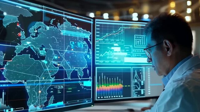 Data analyst examining global network traffic on multiple monitors at an office