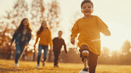 A joyful child with a prosthetic leg runs happily in a sunlit field, surrounded by friends enjoying a playful afternoon.