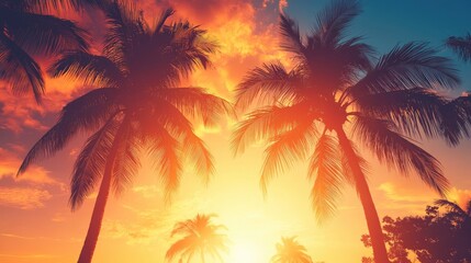 Silhouettes of palm trees against a vibrant sunset. Ideal for travel, vacation, or tropical-themed projects.