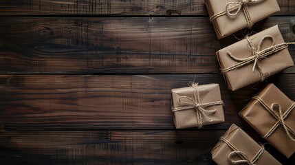 Fototapeta premium Five brown, rustic gifts wrapped in twine sit on a dark wooden surface. The gifts are arranged diagonally, creating a pattern of intersecting lines.