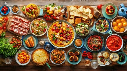 A table full of different dishes. This is a great image to use for a food blog or to promote a restaurant.