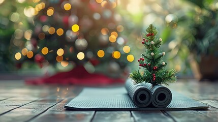 A rolled up yoga mat with a small Christmas tree on top, the background is a Christmas tree with lights.