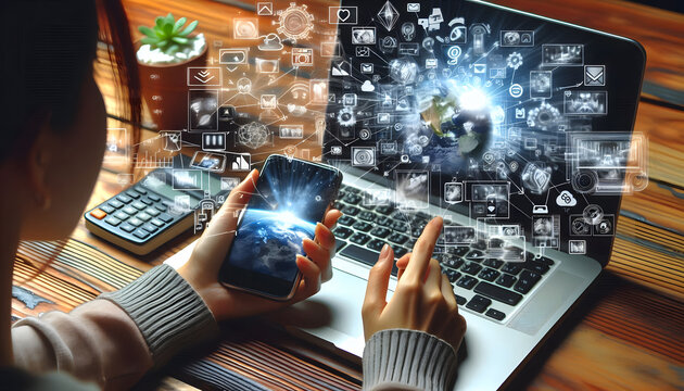 A person is using a smartphone and laptop to display digital images and concept videos.