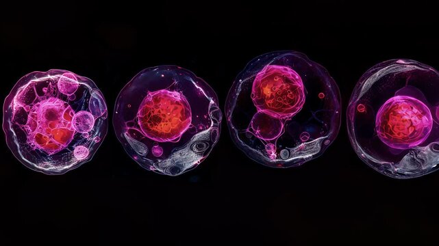 A series of images showing the gradual transformation of a hematopoietic stem cell into a fully matured red cell.