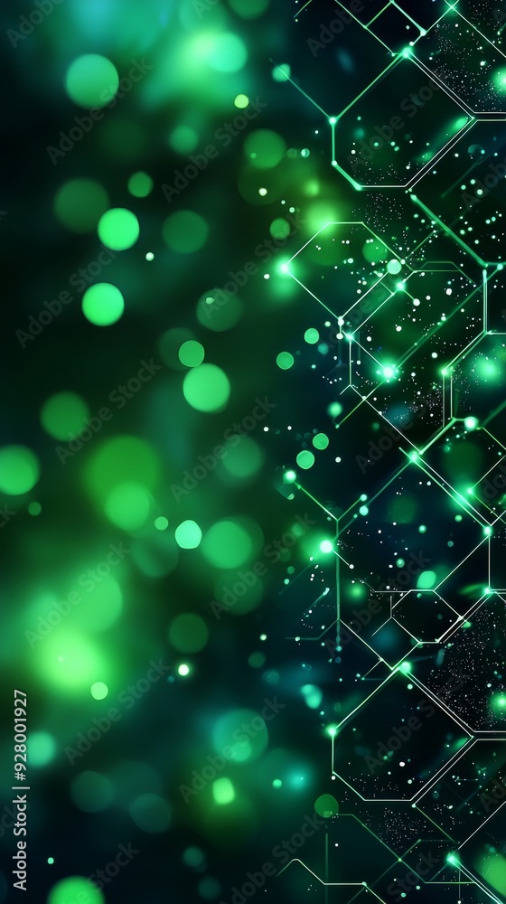 Wall mural an abstract blue and green technology background with hexagons and geometric shapes with blur.