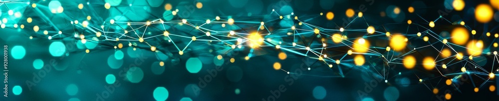Wall mural an abstract blue and green technology background with hexagons and geometric shapes with blur.