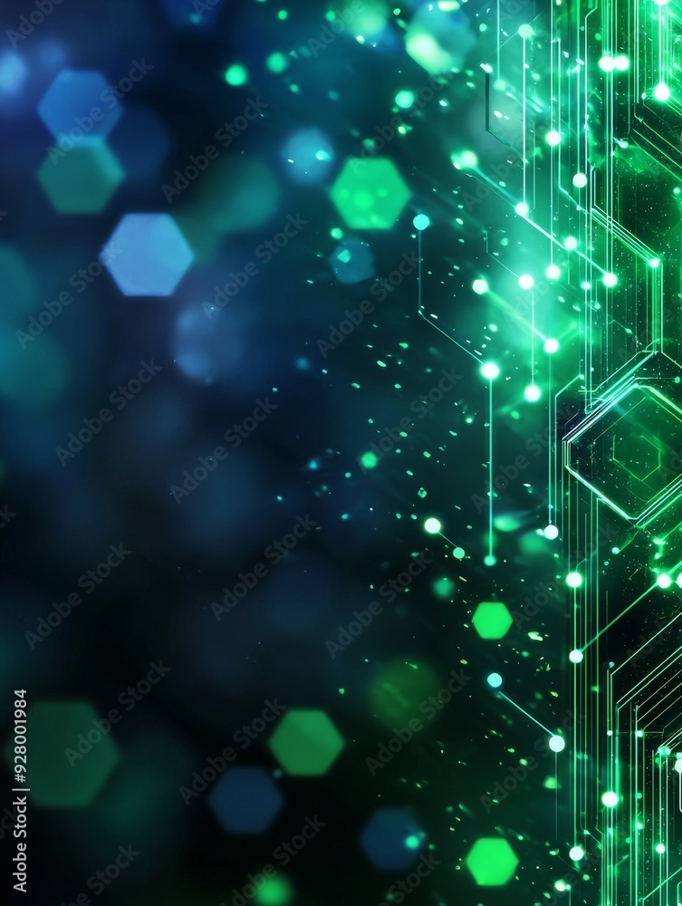Wall mural an abstract blue and green technology background with hexagons and geometric shapes with blur.