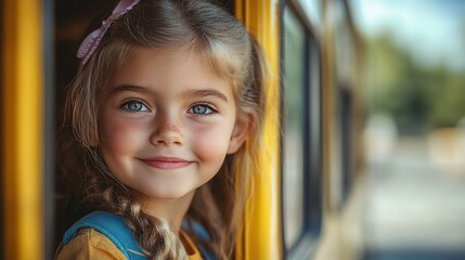 Girl with backpack near yellow school bus. Transport for students