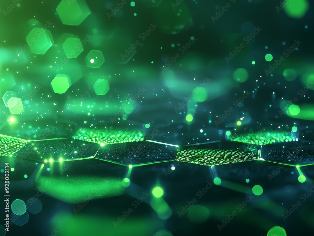 Wall mural an abstract blue and green technology background with hexagons and geometric shapes with blur.