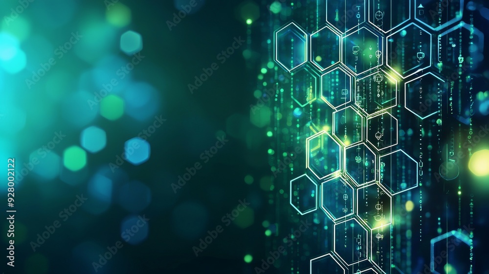 Wall mural an abstract blue and green technology background with hexagons and geometric shapes with blur.