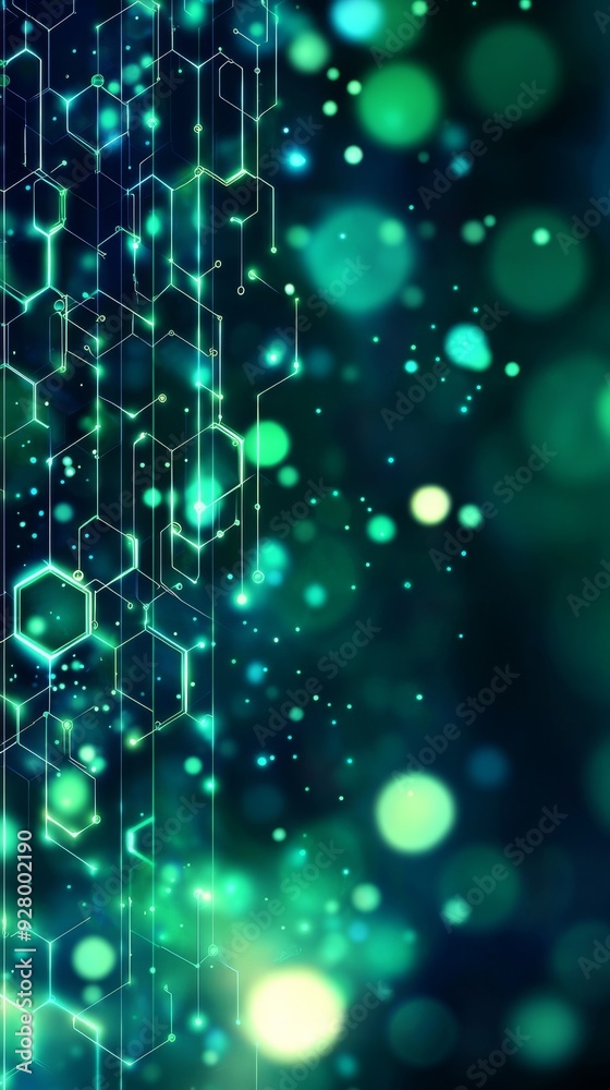 Wall mural an abstract blue and green technology background with hexagons and geometric shapes with blur.