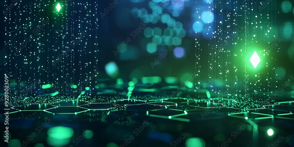 Wall mural an abstract blue and green technology background with hexagons and geometric shapes with blur.